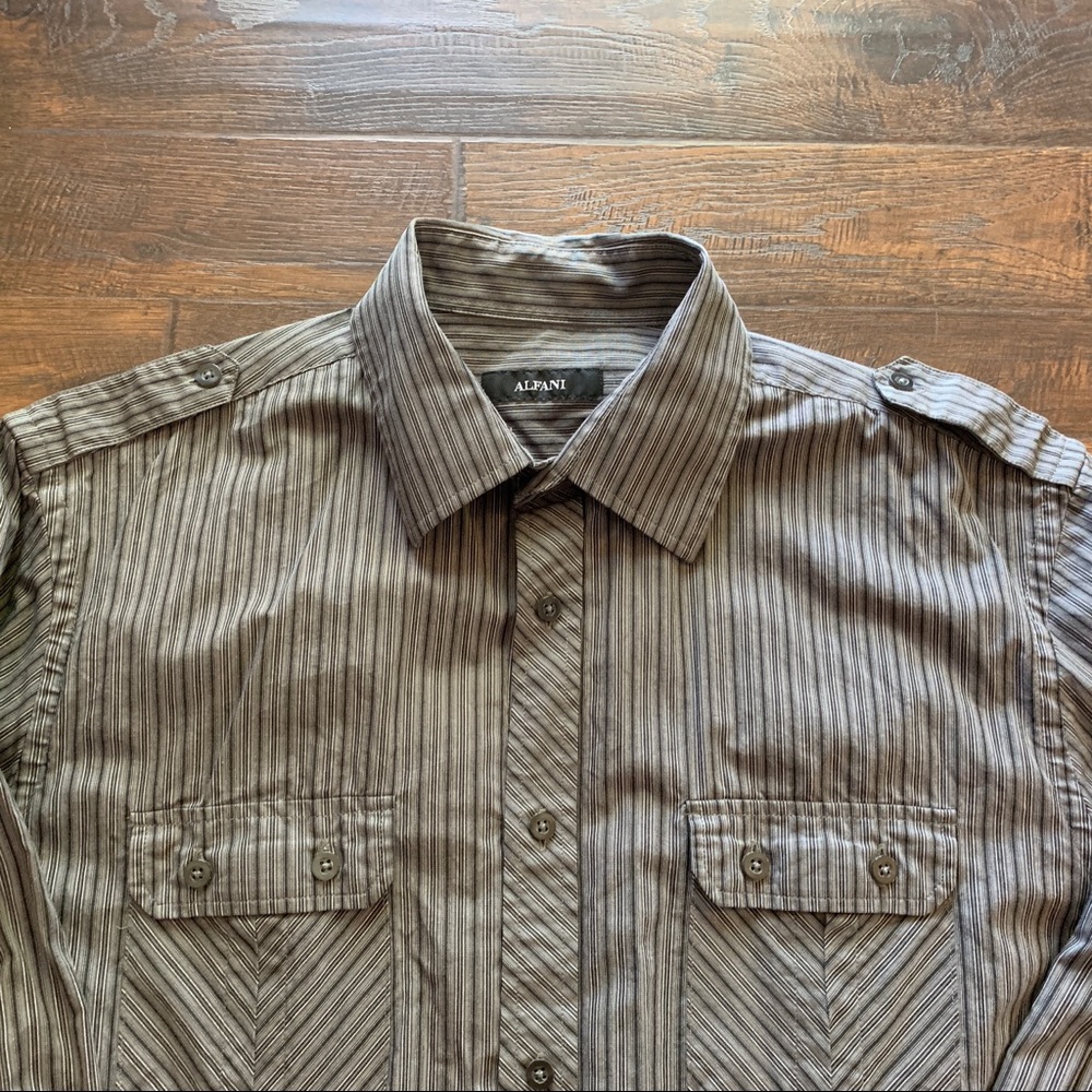 Alfani Stripe Button Down Epaulets Long Sleeve